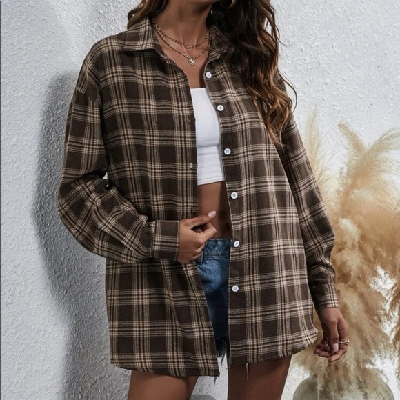 SHEIN BROWN PLIAID FLANNEL - Picture 3 of 3